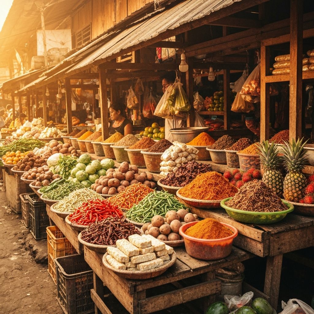 Indonesian traditional wet market with fresh produce and vendors